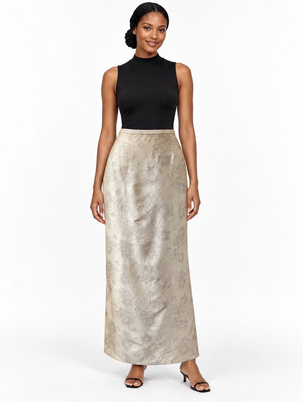 Vintage ‘90s Kay Unger 100% Silk Cream Gold Peacock Feather Print Maxi Skirt